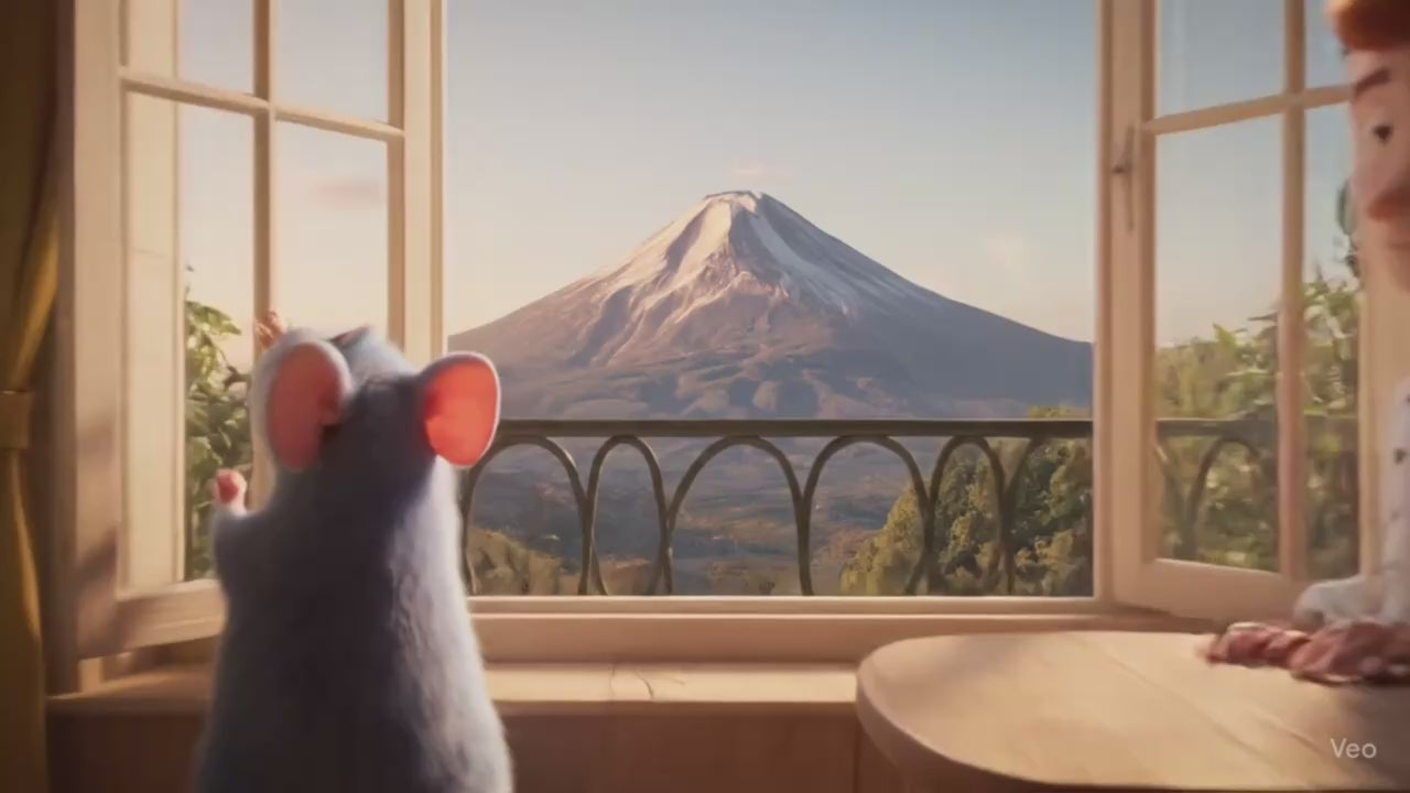 Cargar video: Un raton come queso y toma vino con su amigo chef.